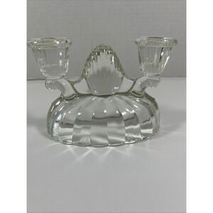 Vtg L E Smith Clear Glass‎ Ridged Holiday  Candelabra Double Candle Holder